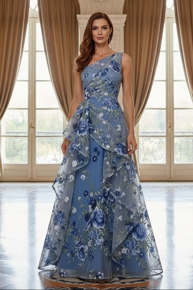 One-Shoulder Floral Embroidered Tiered Maxi Dress