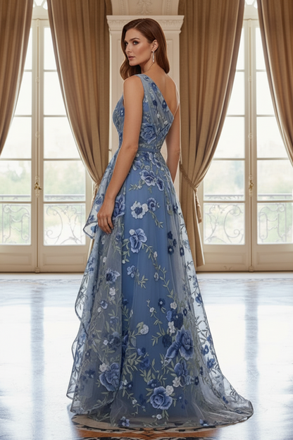 One-Shoulder Floral Embroidered Tiered Maxi Dress