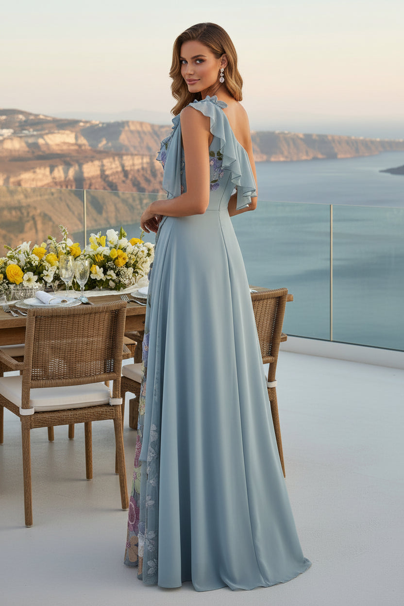 One-Shoulder Floral Embroidered Maxi Gown