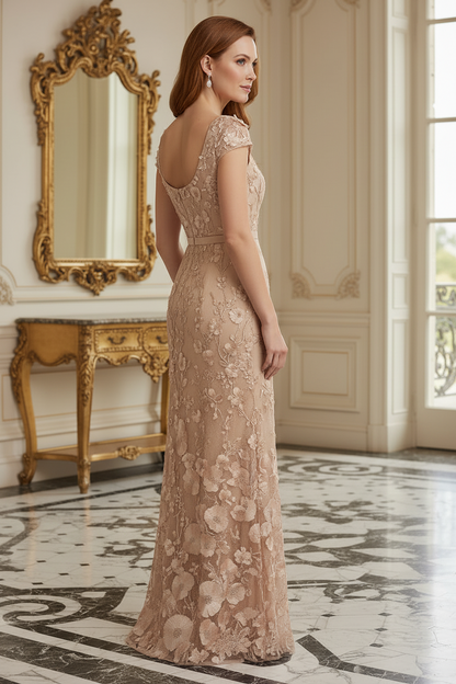 3D Floral Appliqué Sheath Evening Gown with High Slit