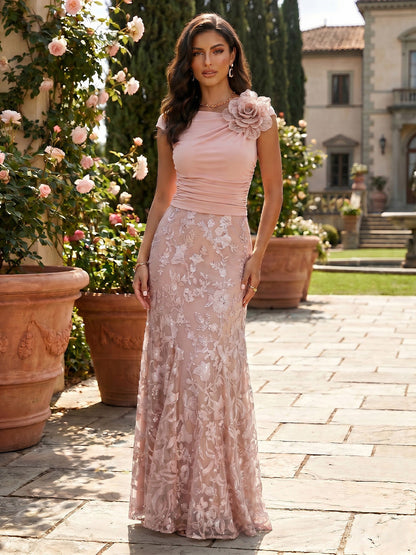 Ruched Evening Gown with 3D Flower and Lace Skirt