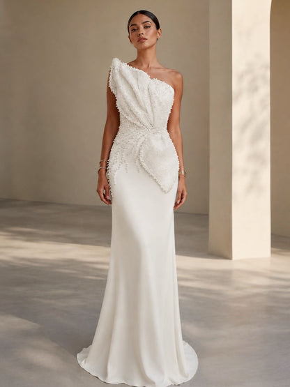Pearl-Embellished One-Shoulder Evening Gown