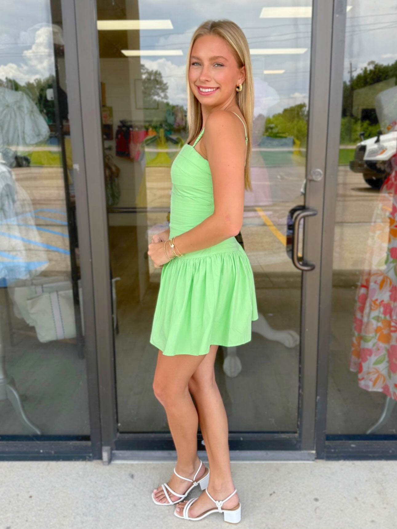 Ruched Fit and Flare Mini Dress with Square Neck