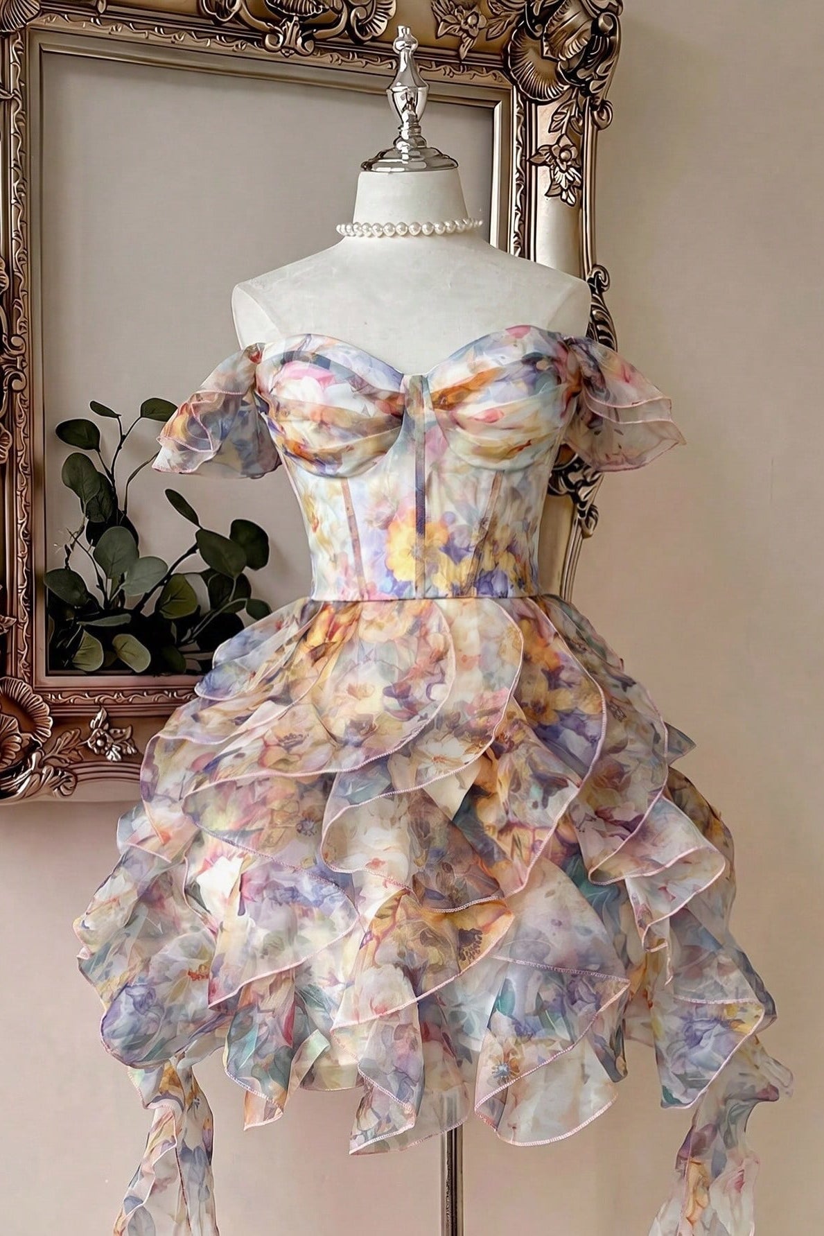 Floral Organza Off-the-Shoulder Corset Mini Dress