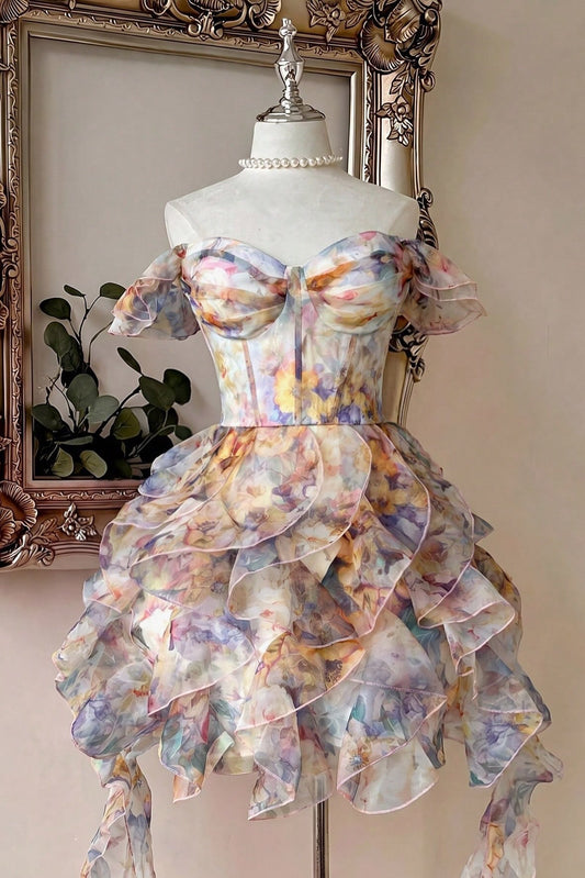 Floral Organza Off-the-Shoulder Corset Mini Dress