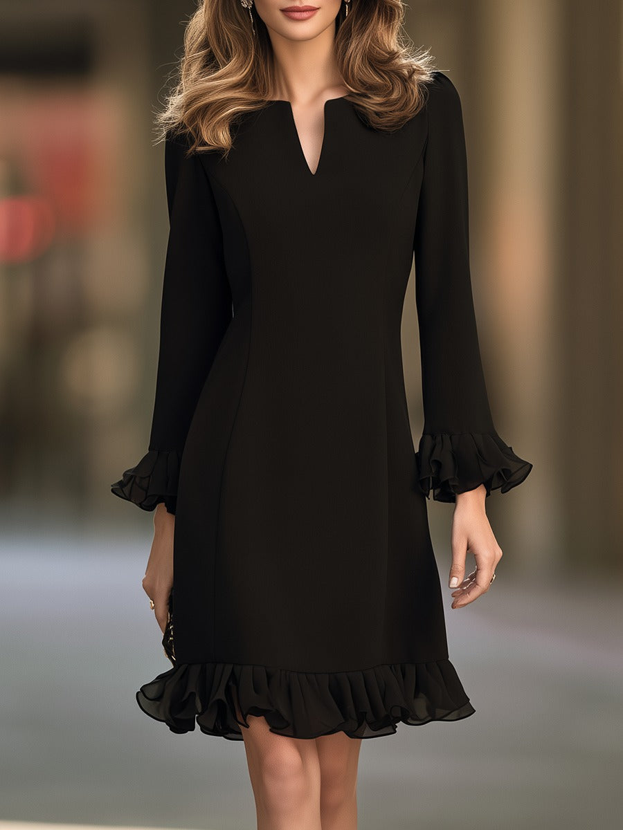 Notch Neck Long Sleeve Dress with Ruffle Trim