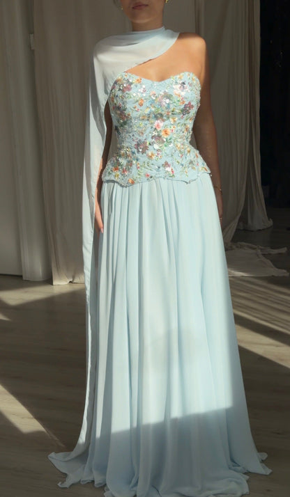 Floral Sequin Corset Evening Gown with Scarf