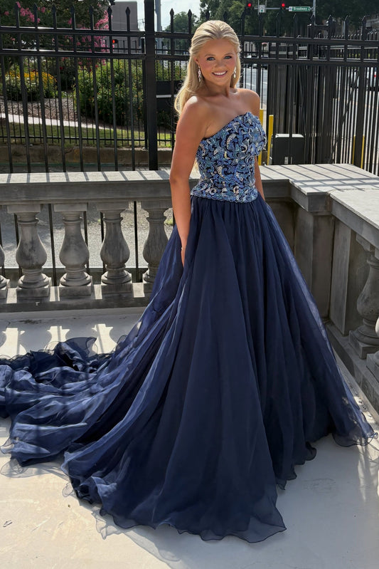 Strapless Beaded Bodice Ball Gown with Tulle Skirt