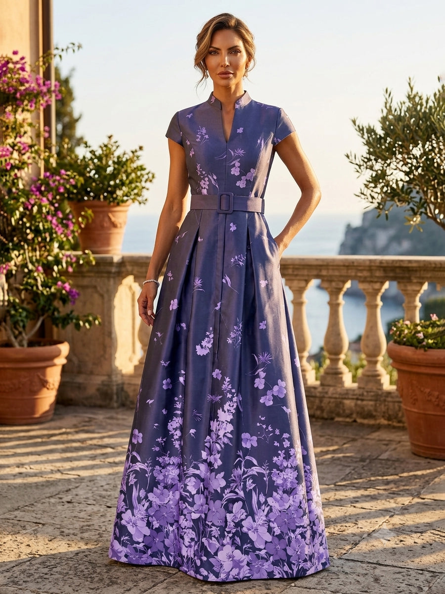 Cap Sleeve Floral A-Line Gown with Pockets