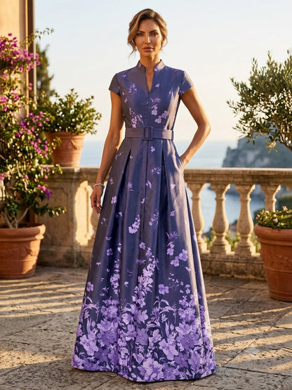 Cap Sleeve Floral A-Line Gown with Pockets