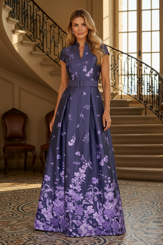Cap Sleeve Floral A-Line Gown with Pockets