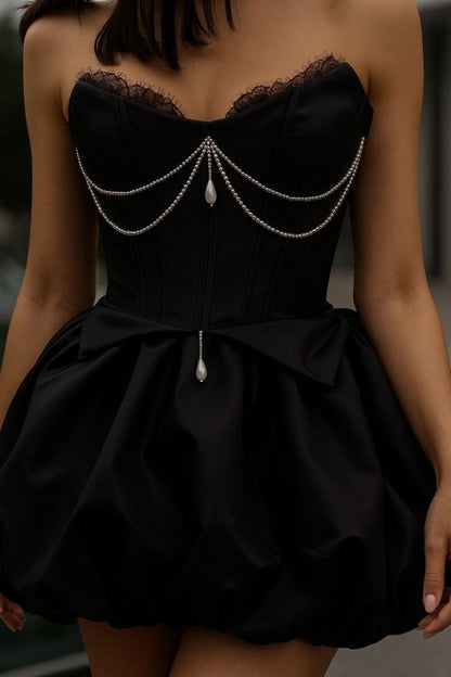 Strapless Corset Bubble Mini Dress with Pearl Trim