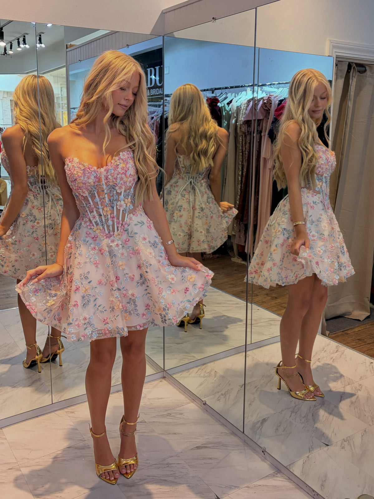 Strapless 3D Floral Corset Mini Dress