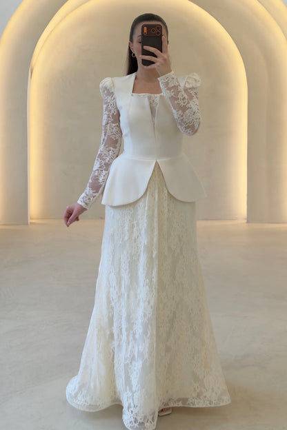 Elegant Square Neck Peplum Lace Evening Gown