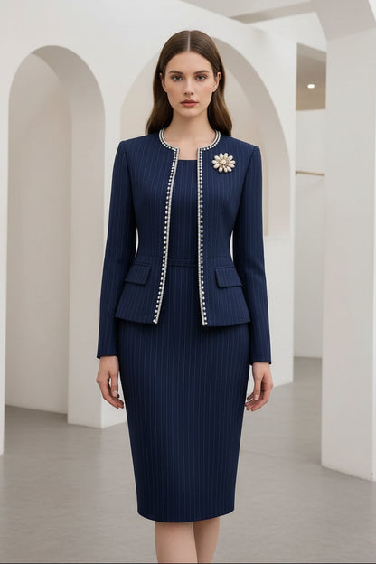 Pinstripe Pearl-Trim Jacket & Midi Sheath Dress Set