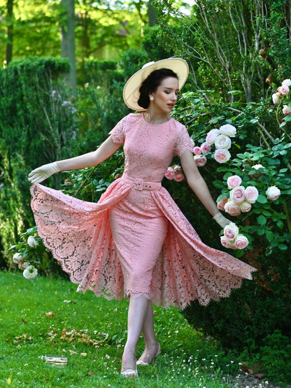 Belted Lace Midi Dress with Short Sleeves