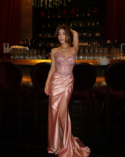 Lace Corset Satin High Slit Evening Gown