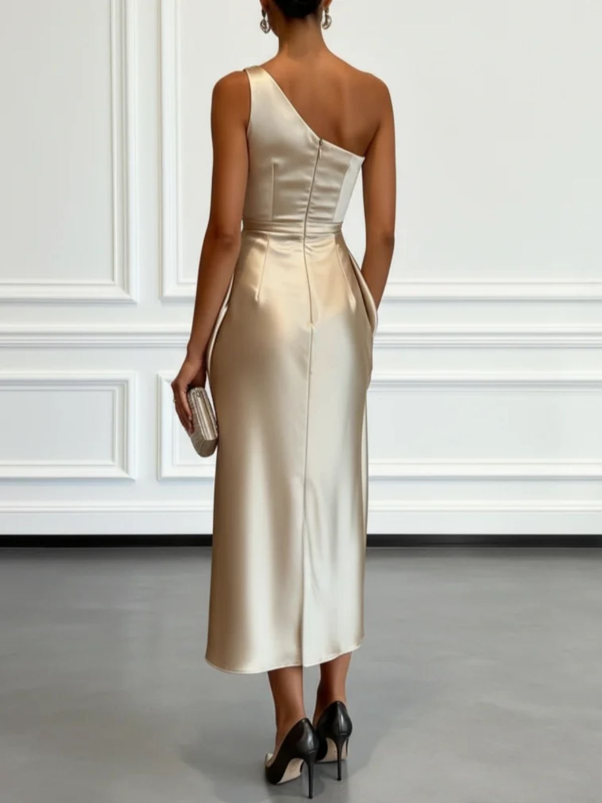 One-Shoulder Draped Satin Midi Dress