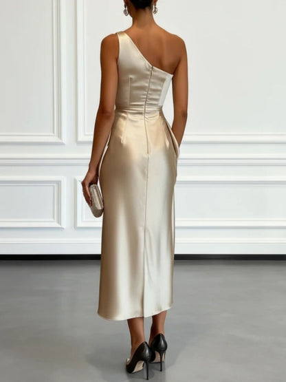 One-Shoulder Draped Satin Midi Dress