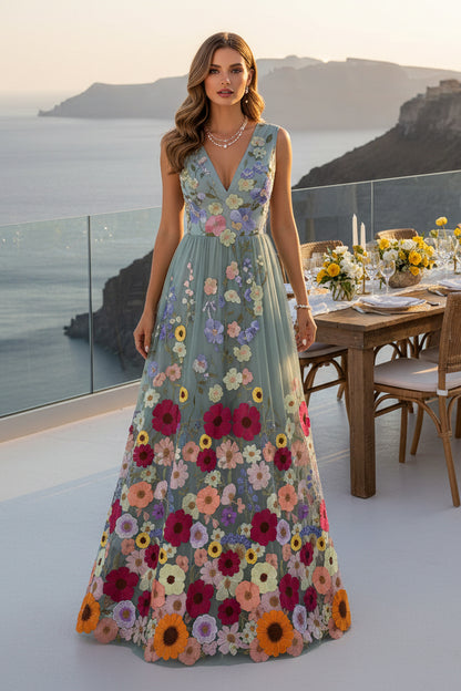 Floral Embroidered V-Neck A-Line Maxi Dress