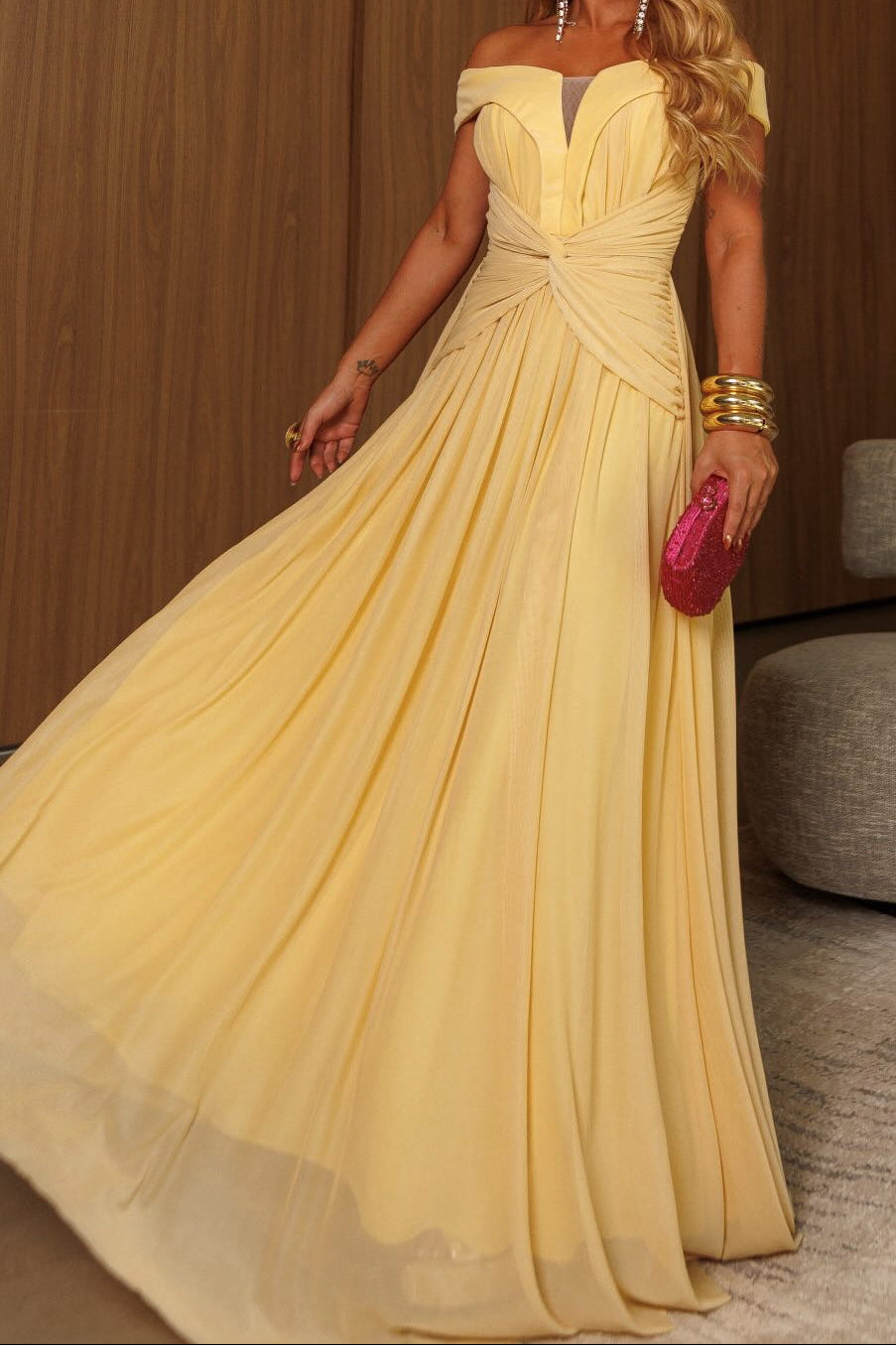 Off-the-Shoulder Pleated A-Line Evening Gown
