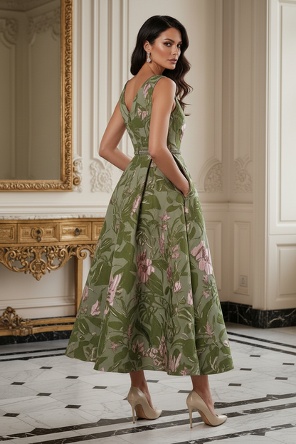 Floral Jacquard Fit and Flare Midi Dress