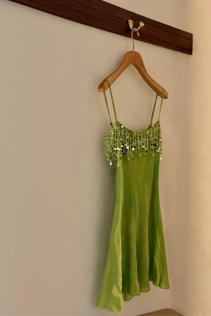 Beaded Fringe Satin Slip Mini Dress