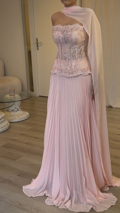 Corset Lace Evening Gown with Pleated Skirt