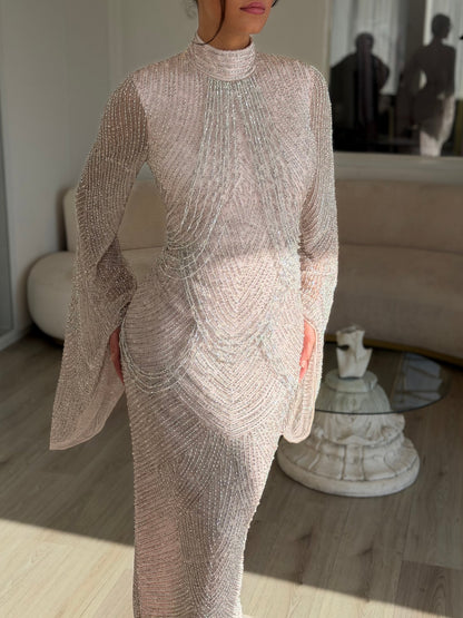 Beaded High-Neck Gown with Bell Sleeves