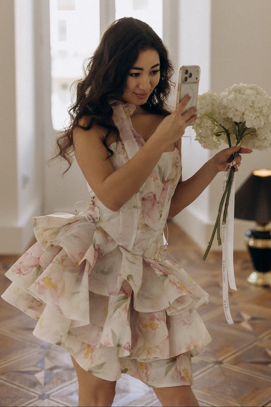 One-Shoulder Tiered Organza Ruffled Mini Dress