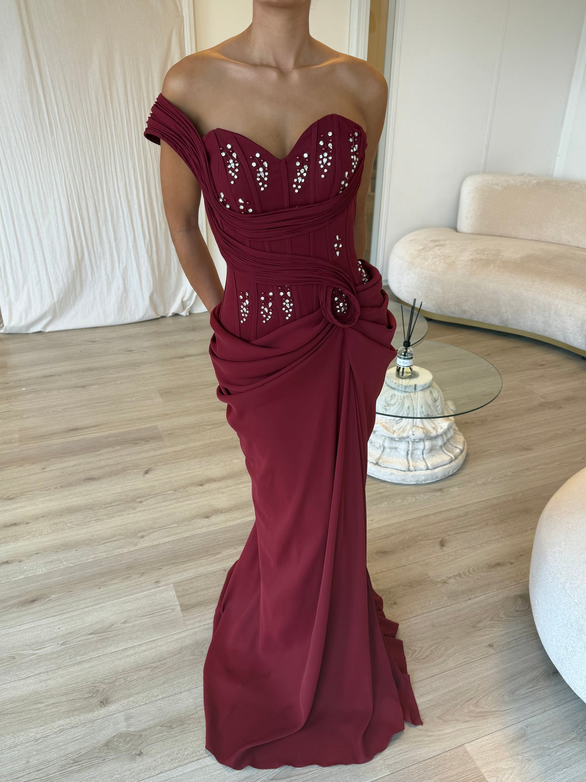 One-Shoulder Beaded Corset Draped Evening Gown