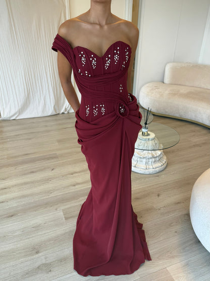 One-Shoulder Beaded Corset Draped Evening Gown