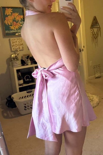 Satin Halter Tie-Back Mini Dress
