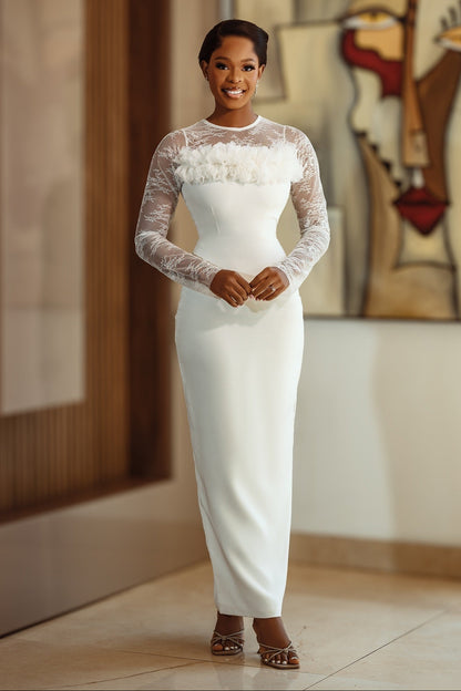Ruffled Lace Long Sleeve Sheath Wedding Dress