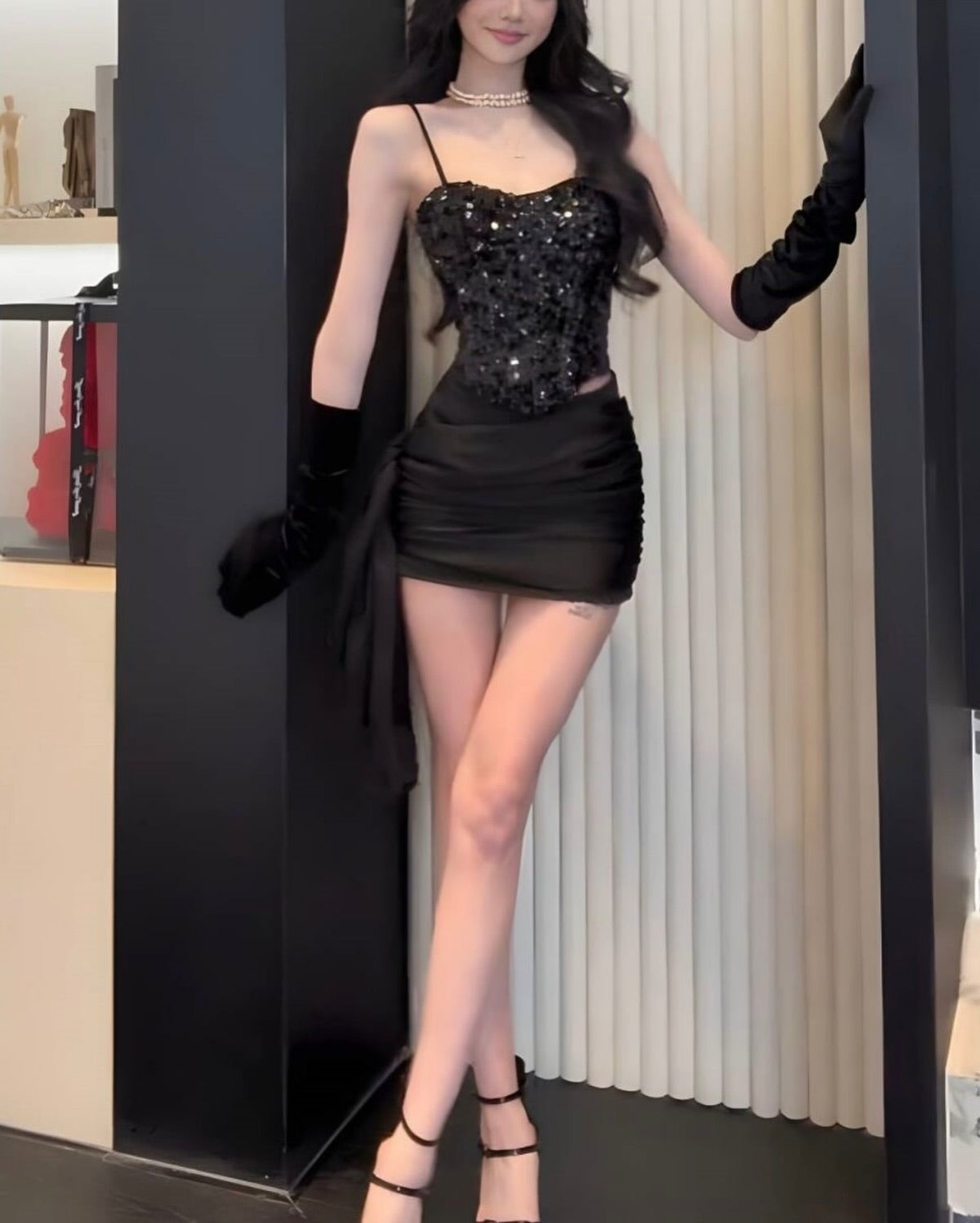 Sequin Corset Satin Mini Dress with Side Drape