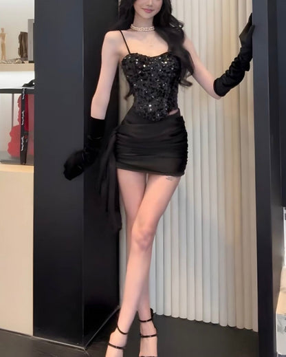 Sequin Corset Satin Mini Dress with Side Drape