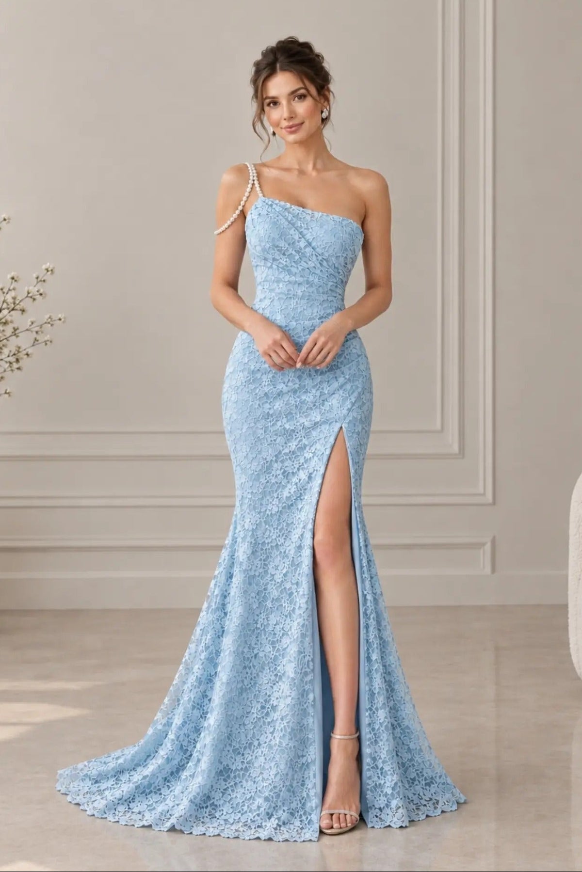 One-Shoulder Lace Gown with Pearl Strap & Slit