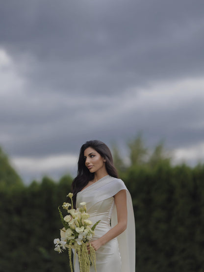 One-Shoulder Satin Wedding Dress with Hooded Shawl