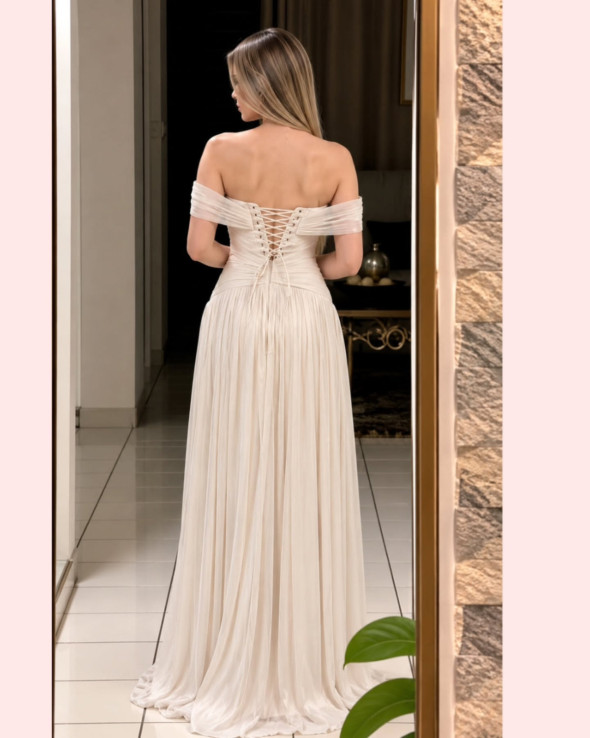 Pleated Off-the-Shoulder Lace-Up Corset Gown