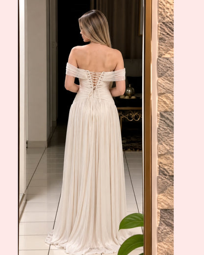 Pleated Off-the-Shoulder Lace-Up Corset Gown