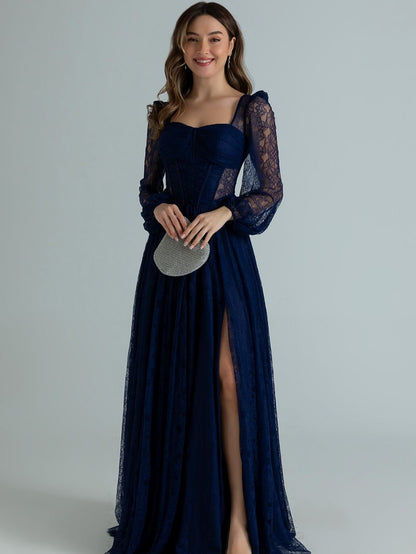 Long Sleeve Lace Corset A-Line Evening Gown with Slit