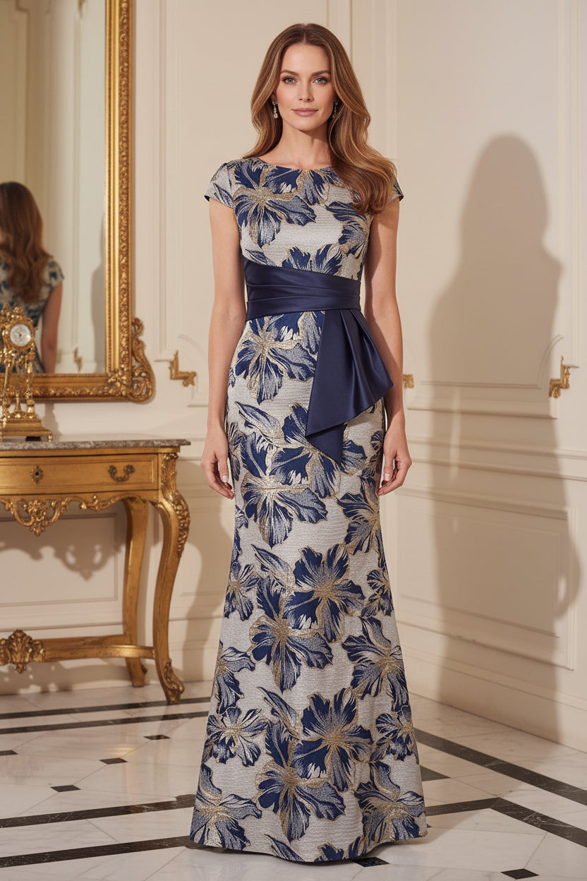 Floral Jacquard Cap Sleeve Evening Gown with Sash Waist