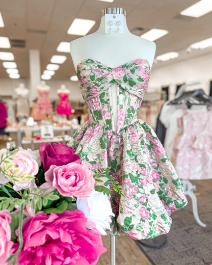 Strapless Floral Jacquard Corset Mini Dress