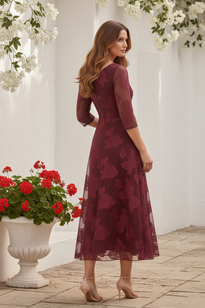 Ruched Floral V-Neck Tea-Length Dress with 3/4 Sleeves