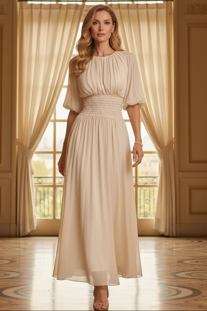Pleated High Neck Maxi Dress with Smocked Waist