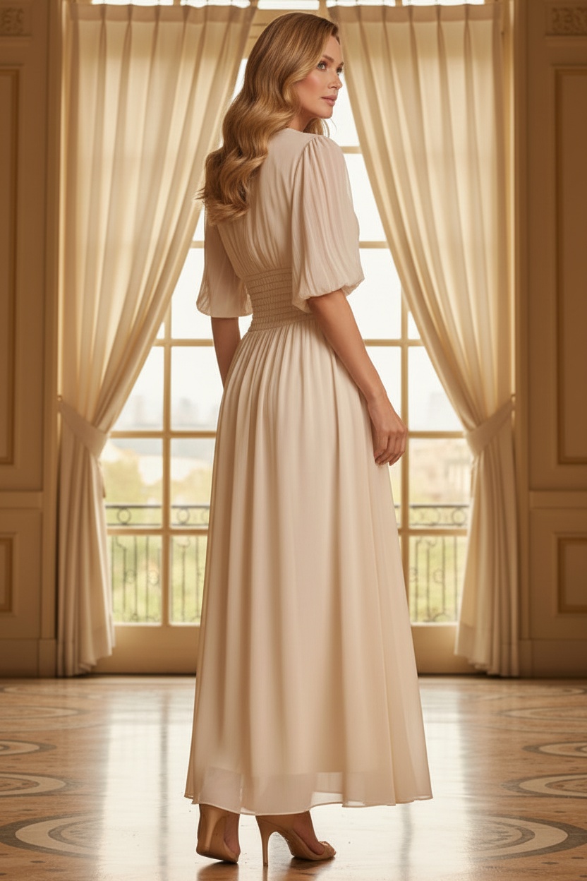 Pleated High Neck Maxi Dress with Smocked Waist