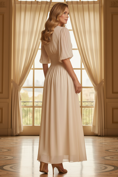 Pleated High Neck Maxi Dress with Smocked Waist