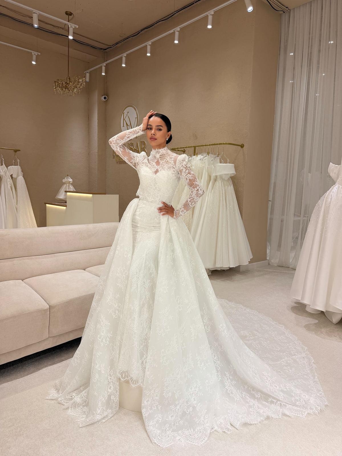 Lace High Neck Mermaid Wedding Dress with Overskirt