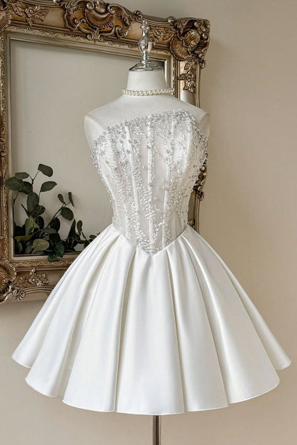 Strapless Pearl Beaded Corset Satin A-Line Mini Dress