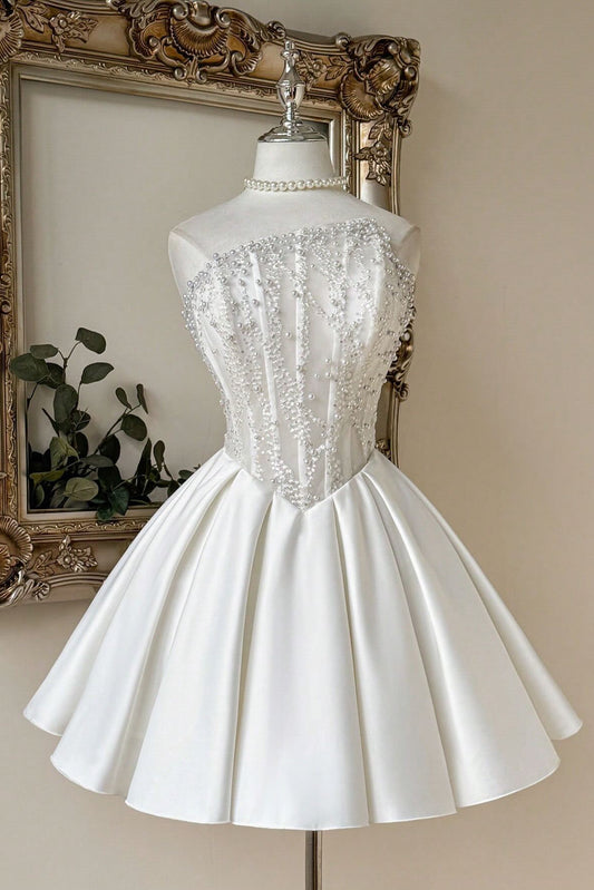 Strapless Pearl Beaded Corset Satin A-Line Mini Dress